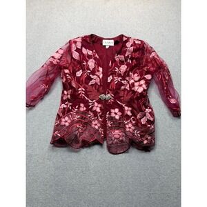 Clara Womens‎ XL Burgundy Floral Embroidered Mesh Scalloped Hem Jacket USA Made
